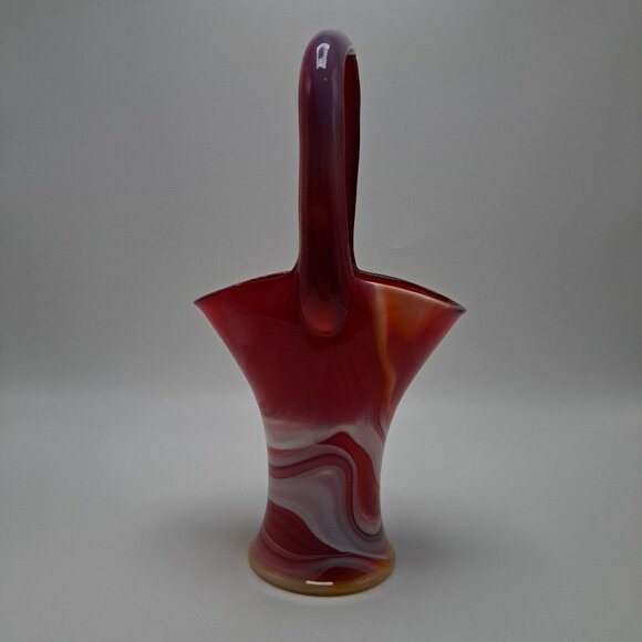 Imperial Slag Glass Basket Swirled Red & White Design Vintage Decorative Piece - Picture 1 of 16
